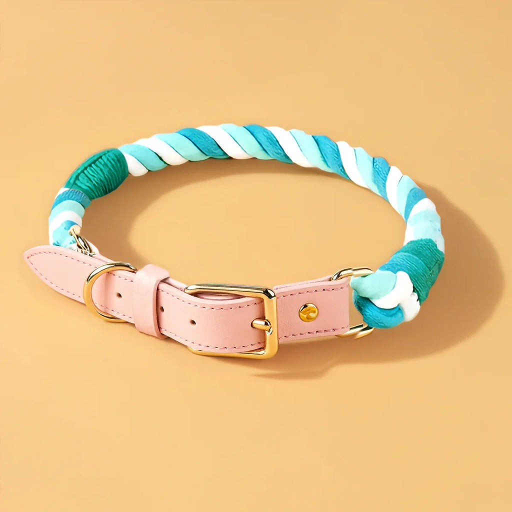 Coleira Lux Hortelã – Couro e Algodão (com TAG Grátis)